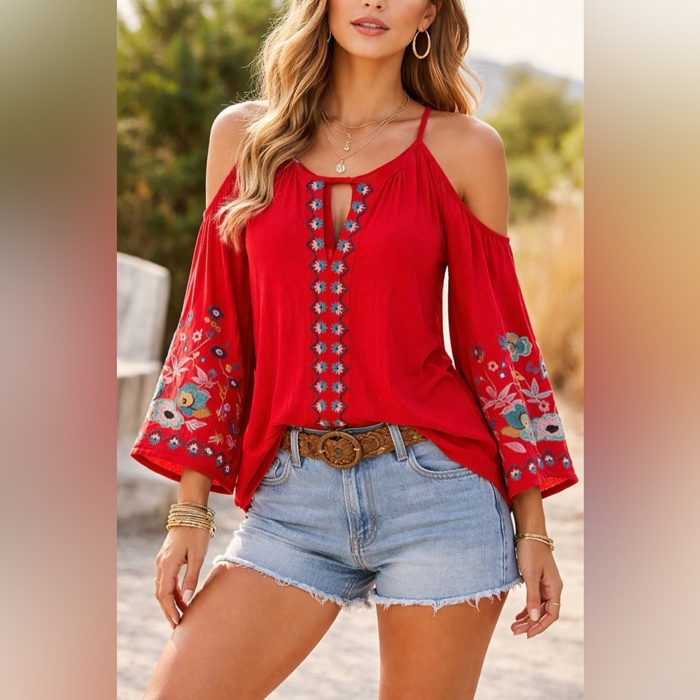 Jodifl Red Embroidered Cold Shoulder Bell Sleeve Blouse Size S